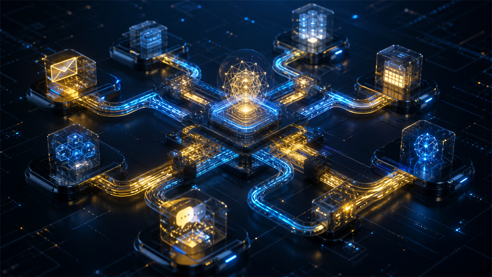 Abstract integration pipeline connecting AI agents with business systems