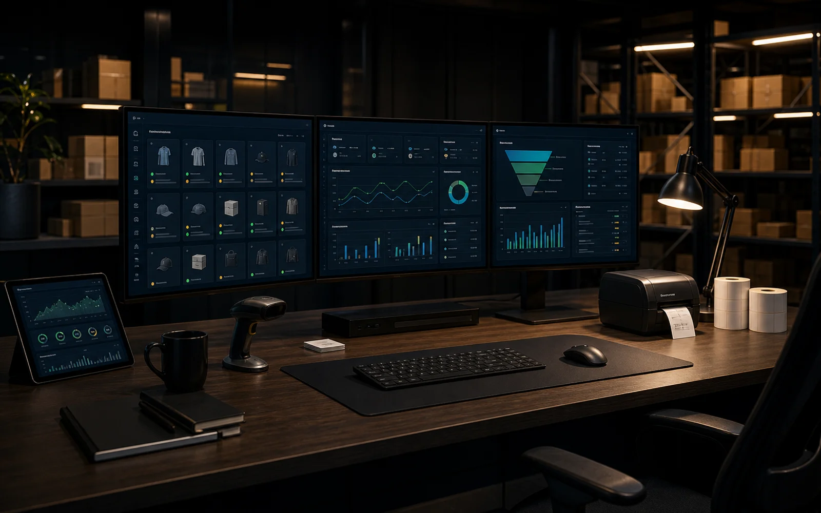 Photoreal no-human ecommerce operations desk with product analytics