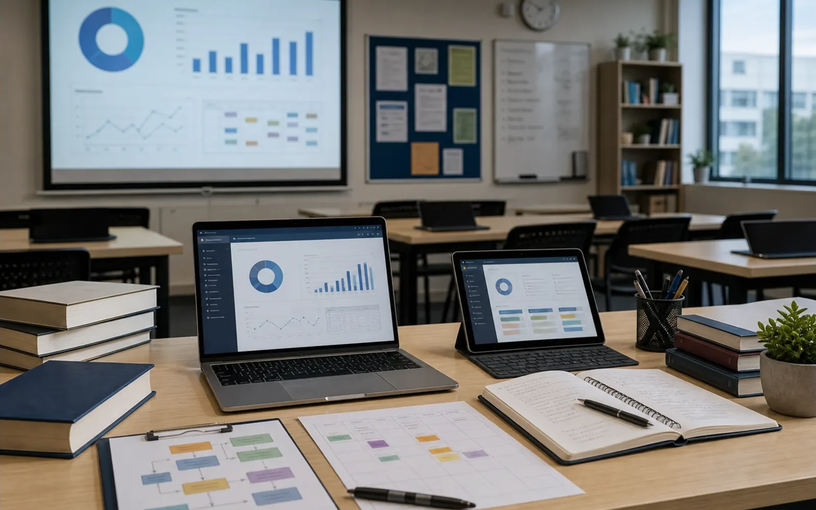 Education technology classroom with learning dashboards and study materials